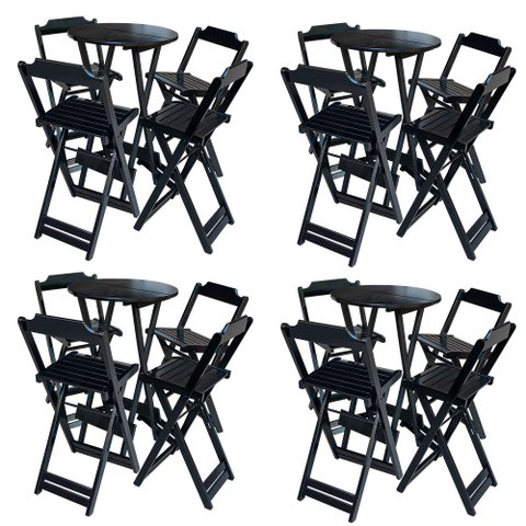Kit 4 Jogos de Mesa Bistrô de Madeira com 4 Cadeiras Dobrável Ideal para Bar e Restaurante Preto