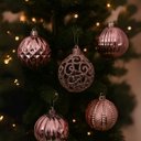 Ver imagem 1 de Kit 6 Bolas Natal Luxo Rosê Gold Textura Metalizada e Arabesco Glitter Vazado 6cm