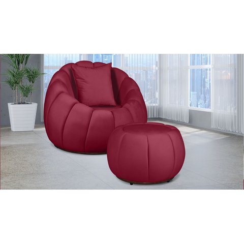 Kit Poltrona Decorativa C/ Puff + Almofada Concha Veludo Vermelho - Londrilar