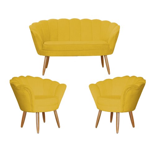 Kit Namoradeira + 2 Poltronas Decorativa Pétala Couro Amarelo Pés Madeira Mz Decor