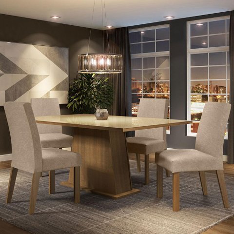 Conjunto Sala de Jantar Madesa Sabrina Mesa Tampo de Vidro com 4 Cadeiras - Rustic/crema/imperial