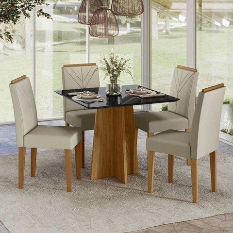 Conjunto Sala de Jantar Mesa 120cm Tampo Vidro/MDF Anitta com 4 Cadeiras Amanda