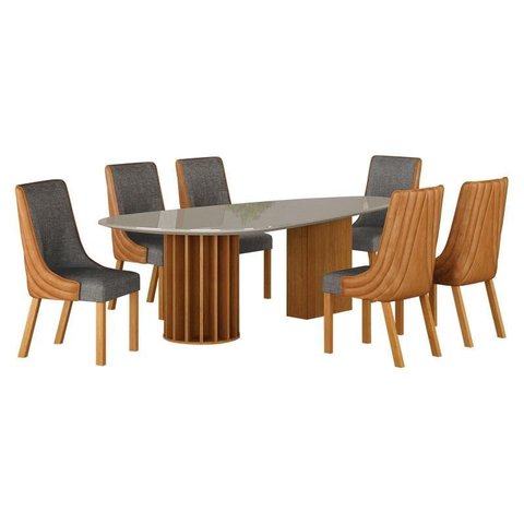 Mesa de Jantar Belle 2,00x1,00m Orgânica com Vidro Cinamomo Off-white com Kit 6 Cadeiras para Mesa D