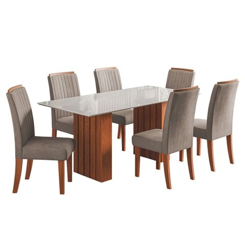 Conjunto de Mesa Sala de Jantar Ripada Tampo com Vidro Santiago 1,80m 6 Cadeiras Grécia Dobuê