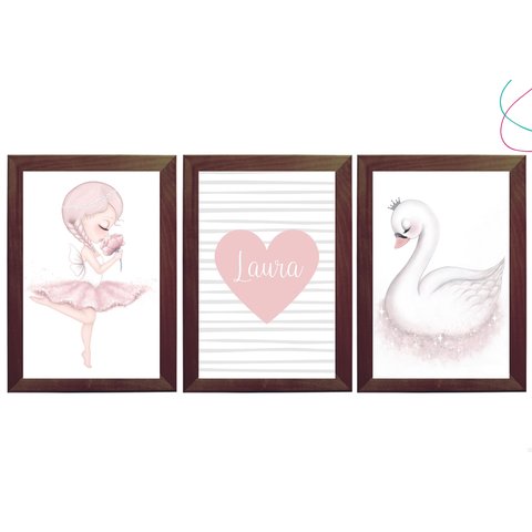 Kit 3 Quadros Decorativos - Bailarina Cisne Moldura Vidro:tabaco