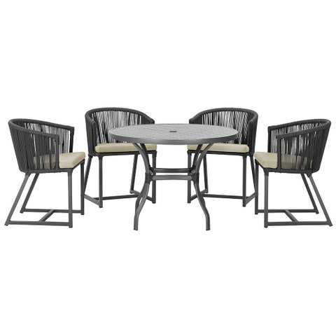 Mesa com 4 Cadeiras de Jantar Roma 100cm e Noronha em Aluminío Preto Corda Nautica Estofado 7 Trama