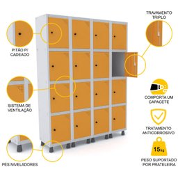 ROUPEIRO DE AÇO 4M 16 PORTAS PITÃO PANDIN - CINZA/LARANJA - 3