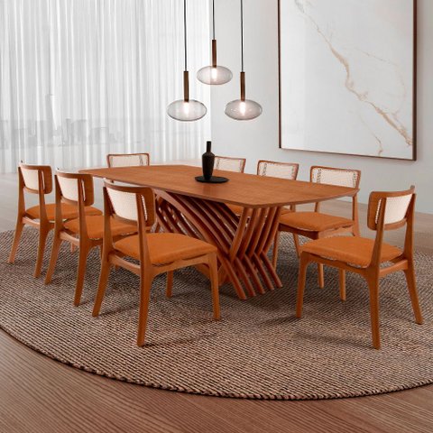 Conjunto Sala de Jantar Mesa Venus Tampo 220cm Laminado Barril e 8 Cadeiras Viena