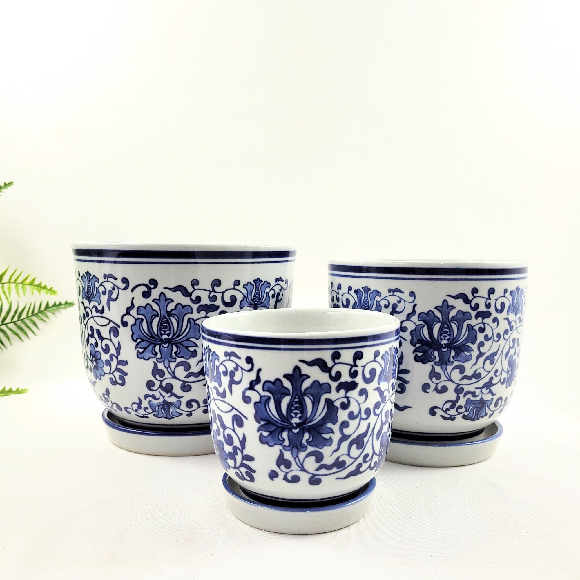 Vaso Azul e Branco 19/16/12cm Floral Cachepot com Prato 3pc - 6