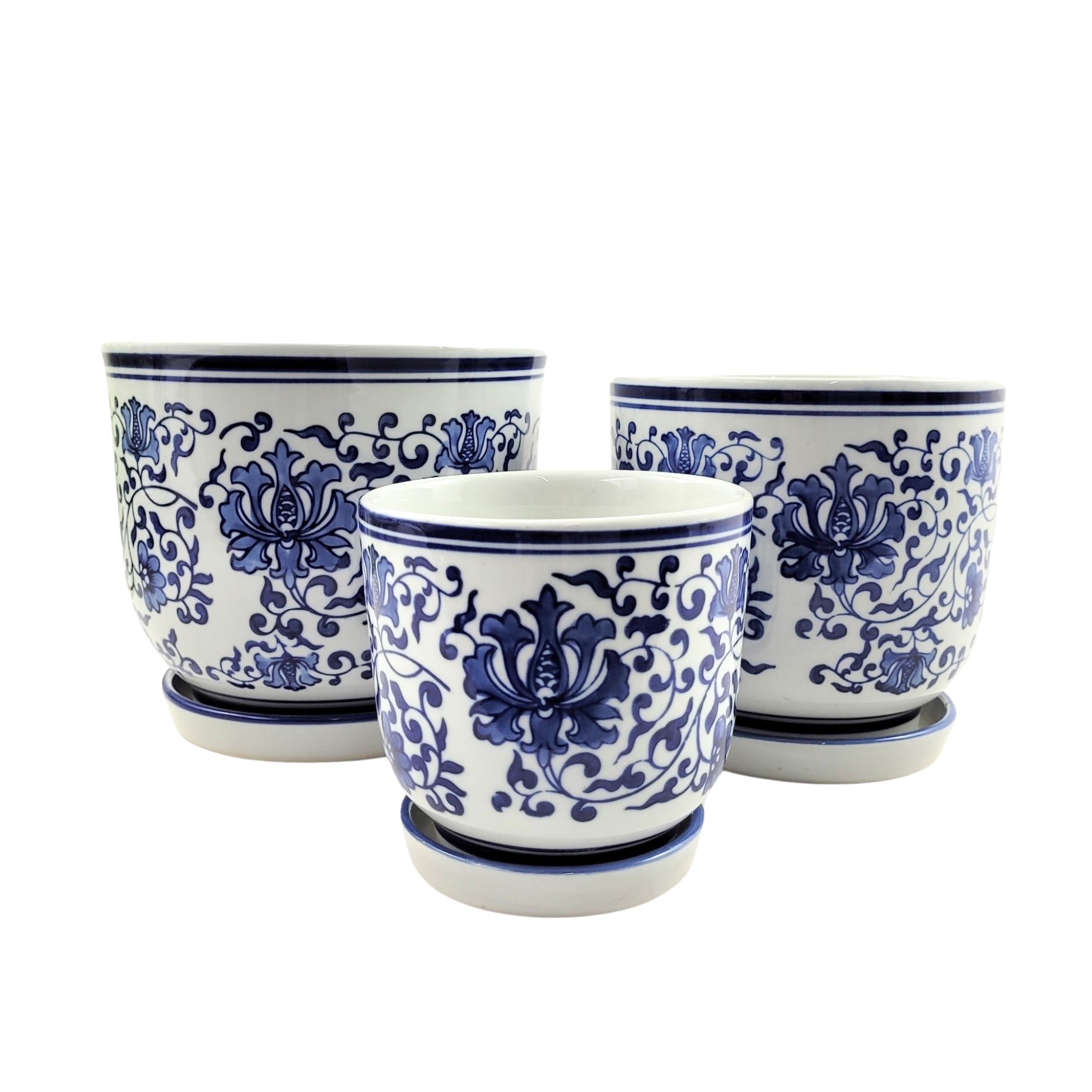 Vaso Azul e Branco 19/16/12cm Floral Cachepot com Prato 3pc - 1