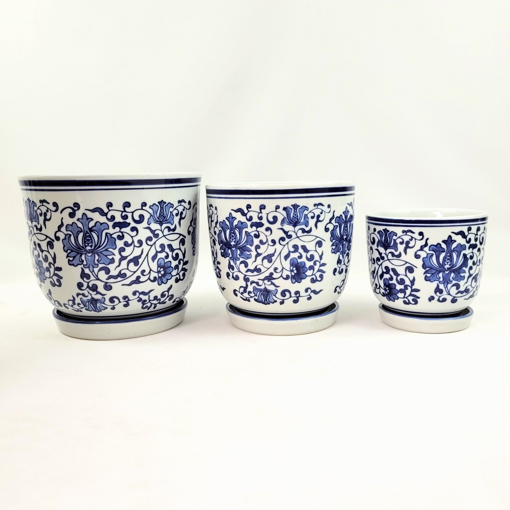 Vaso Azul e Branco 19/16/12cm Floral Cachepot com Prato 3pc - 3