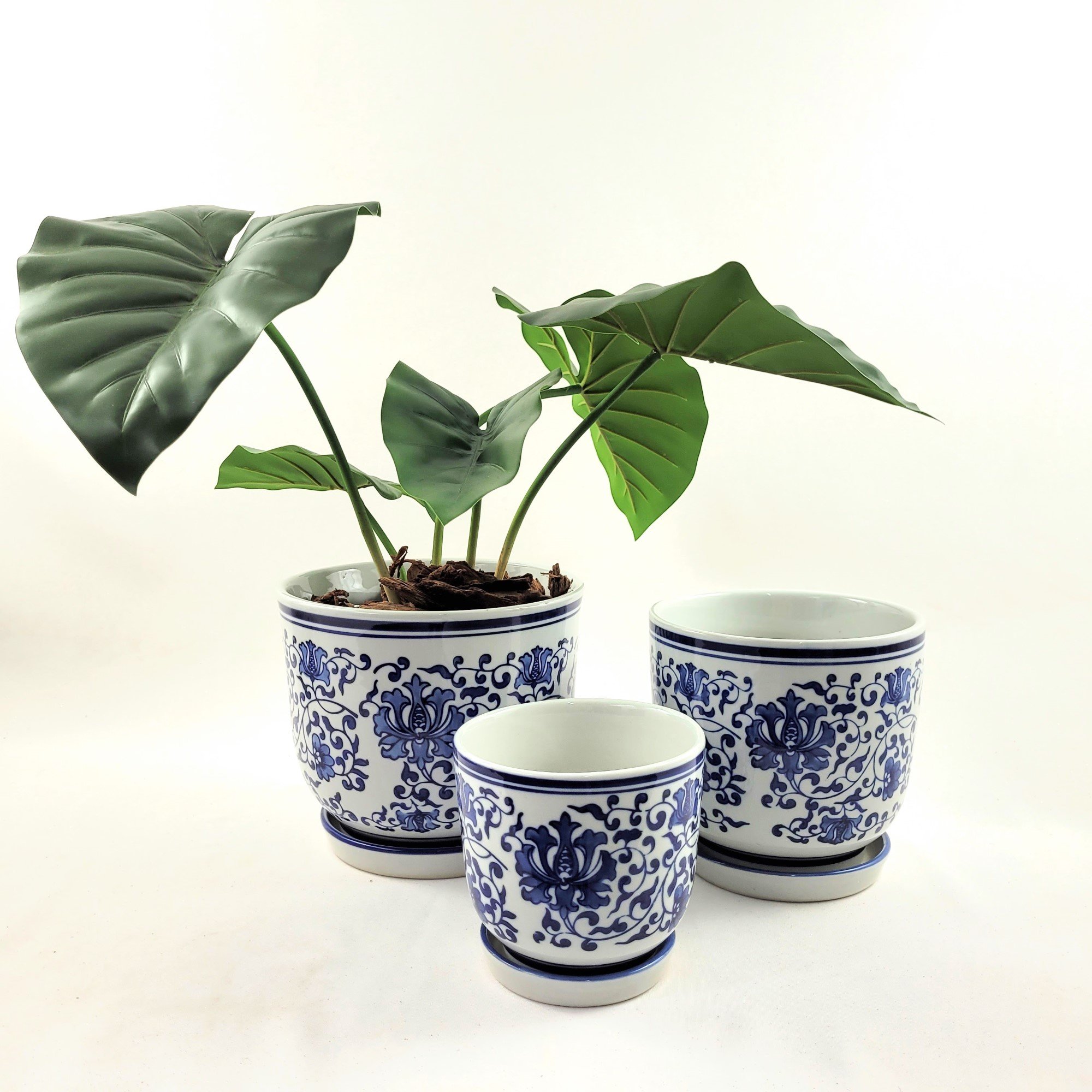 Vaso Azul e Branco 19/16/12cm Floral Cachepot com Prato 3pc - 8