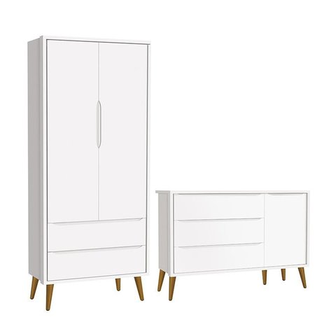 Jogo de Quarto Infantil Theo Retrô Guarda Roupa 2 Portas e Cômoda 1 Porta Branco com Pés Amadeirado 