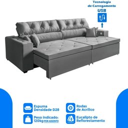 Sofá 5 Lugares Retrátil 302cm Carregador Usb E 2 Puffs Cinza - 3