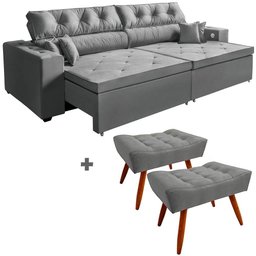 Sofá 5 Lugares Retrátil 302cm Carregador Usb E 2 Puffs Cinza - 1