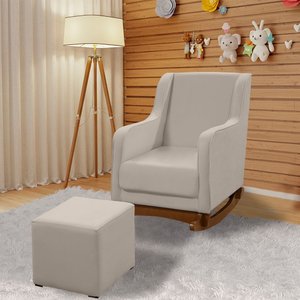 Cadeira Poltrona de Amamentação e Balanço Aquila C/ Puff Veludo Bege Plus - Anjo de Casa