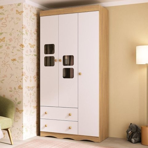 Guarda-roupa Infantil 92cm com Vidro 3 Portas e 2 Gavetas Serena Multimóveis Mp4431 Madeirado/