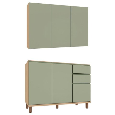 Kit Armário Aéreo e Balcão de Pia 100% MDF 120 cm Lótus Carvalho/Verde