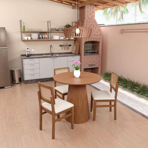 Conjunto Mesa Cone Laminada Ø90CM + 3 Cadeiras Lyon Telinha Amêndoa Linho Bege