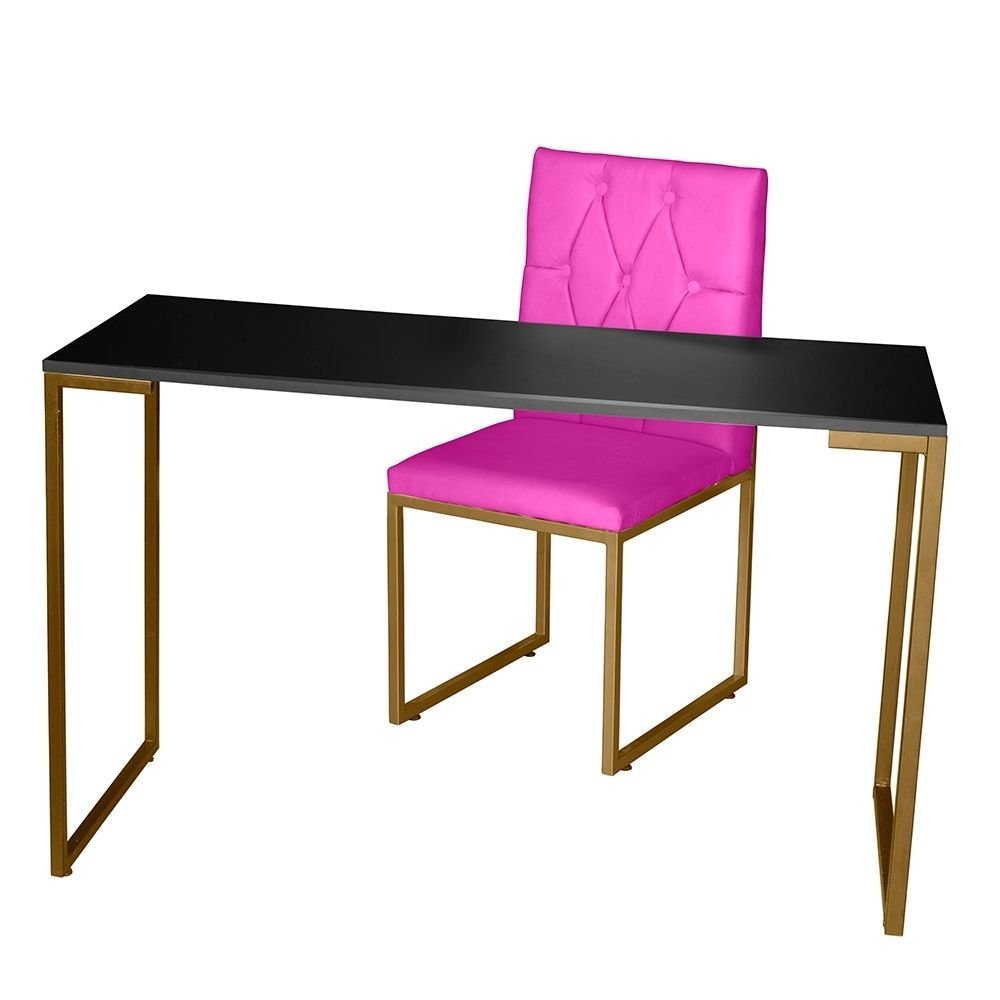 Kit Home Office Mesa Para Escritorio com Cadeira Malta Ferro Dourado Suede Pink - Móveis Mafer