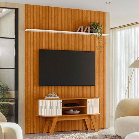 Conjunto New Estoril Painel com Prateleira Aparador Rack Cinamomo/off-white
