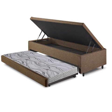 Bicama Box com Baú Viúvo 120x203 com Colchão Auxiliar Linho Marrom