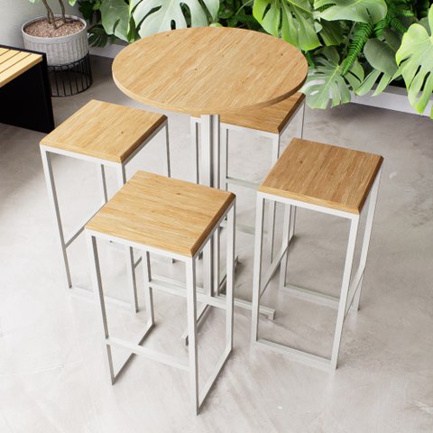 Conjunto Mesa Alta Bar Bistrô Redonda Pinus 4 Bancos Industrial White Don Castro Decor Industrial Pr