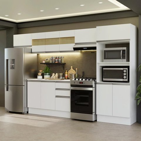 Armário de Cozinha Completa 100% Mdf 310 Cm Branco Smart 01 Xa