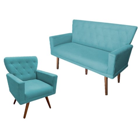 Kit Namoradeira + 1 Poltrona Decorativa Aurora Suede Azul Tifany Pés Madeira Ms Decor