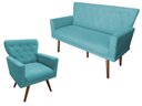 Ver imagem 1 de Kit Namoradeira + 1 Poltrona Decorativa Aurora Suede Azul Tifany Pés Madeira Ms Decor