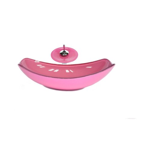 CUBA DE VIDRO OVAL CHANFRADA 46CM ROSA + VALVULA + TORNEIRA CASCATA