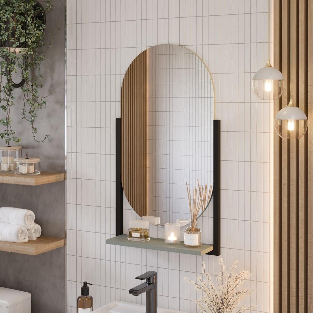 Espelheira Espelho Floripa com Prateleira Aço para Banheiro Decorativa Verde Pistache - 1