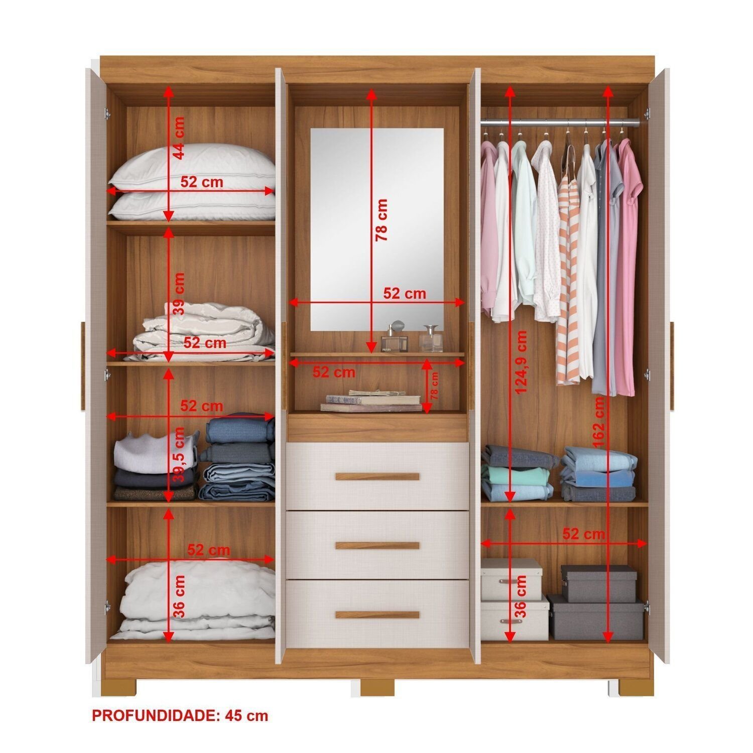 Guarda-roupa Casal com Espelho 4 Portas 3 Gavetas 1 Nicho