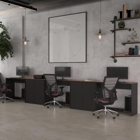 Conjunto de Escritório 5 Peças Noruega Office 3 Mesas e 2 Aparador Buffet -via Nossa - Preto e Cedro