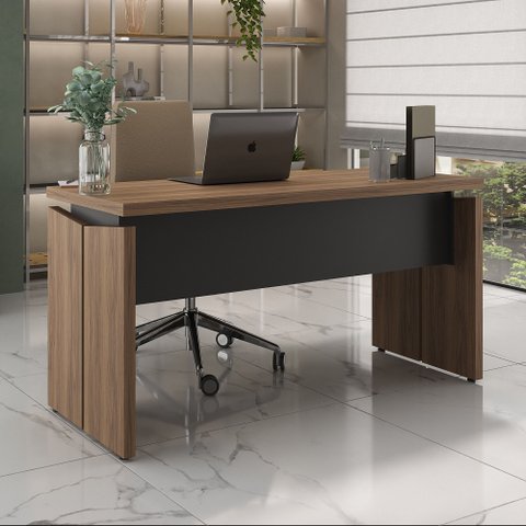 Mesa Operacional Boston Retangular 145cm Tampo Grosso Nogal Preto Escritório Amplo Espaço Luxo
