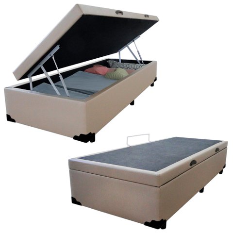 Cama Box Baú Solteiro Sintético Bege Emth 88x188x40