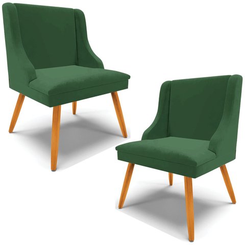 Kit 2 Cadeiras Decorativas Sala de Jantar Pés Palito de Madeira Firenze Veludo Verde/Natural G19 - G