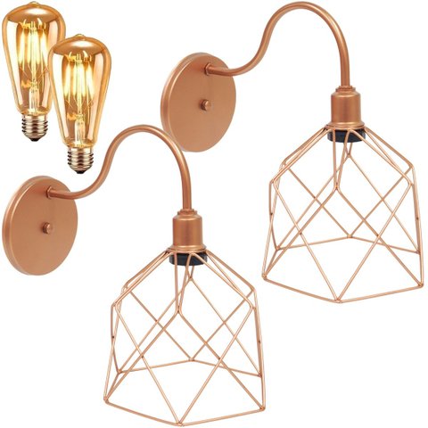 2 Luminárias Arandela Parede Aramada Cálice Industrial Retro + Lâmpadas LED Cobre Rose Gold