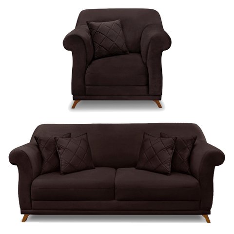Kit Poltrona e Sofá Living 2 Lugares 1,80m Vênus Suede Pés Castanho - Pallazio - Marrom Café