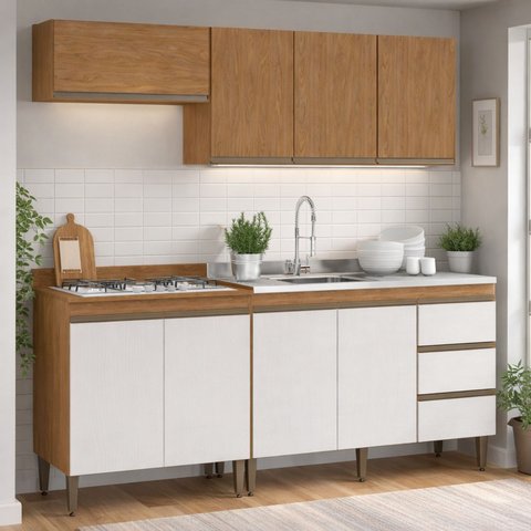 Armário de Cozinha Modulada Compacta com Nicho 4 Peças 2,00m Essenza Móvel na Caixa