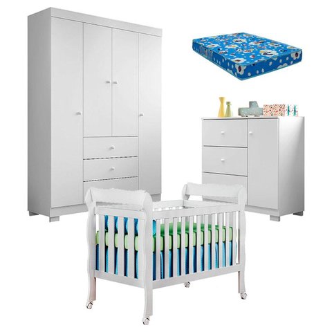 Quarto de Bebê Duda 4 Portas e Berço Americano Lila Branco Brilho com Colchão Ortobom – Phoenix Baby