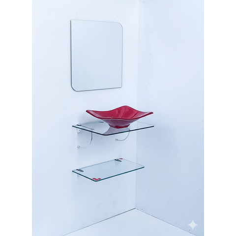 Kit Cuba Espelho e Prateleira de Vidro para Banheiro 53cm:vermelho