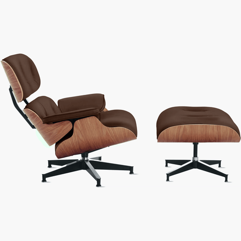 Poltrona Charles Eames com Banqueta Madeira Freijó em Couro Legítimo Marrom