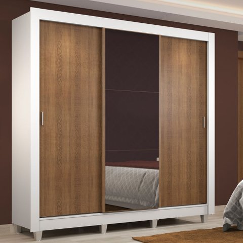 Guarda-Roupa Casal Madesa Lyon 3 Portas de Correr com Espelho 2 Gavetas com Pés Branco/Rustic Cor:Br
