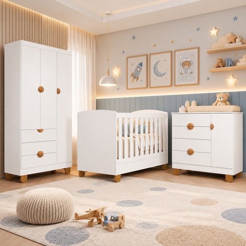 Quarto Apolo para Bebê Completo com Berço 2 em 1 Cômoda com Porta e Guarda-Roupas 3 Portas 100% MDF