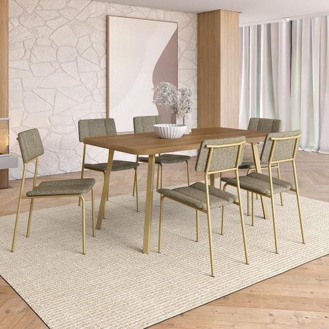 Conjunto Sala de Jantar Line 6 Lugares Tampo MDP Estrutura Aço Dourado 160cm Móveis Carraro