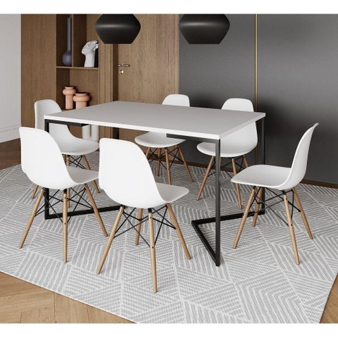 Mesa Jantar Industrial Retangular Branca 137X90Cm Base V Ferro Preto C/6 Cadeiras Branca Mad Branco