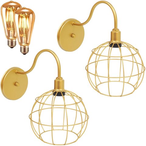 2 Luminárias Arandela de Parede Aramada Globo Industrial Retro + 2 Lâmpadas LED ST64 Vintage - Doura