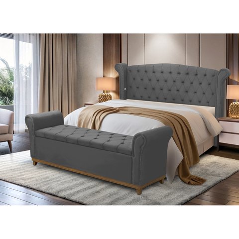 Kit Baú e Cabeceira Estofada Madeira Cama Box Grécia Queen:cinza