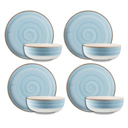 Conjunto Pratos Fundo Sobremesa Cerâmica Caoba Azul 8 Peças - 1